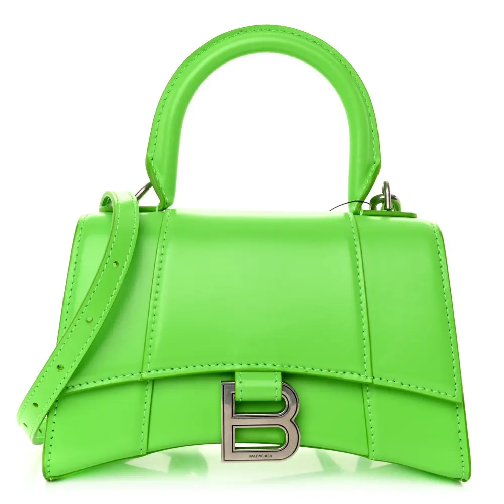 Balenciaga Acid Green Shiny Box Calfskin Leather XS Hourglass Top Handle Bag Silver Hardware Front replica handbags