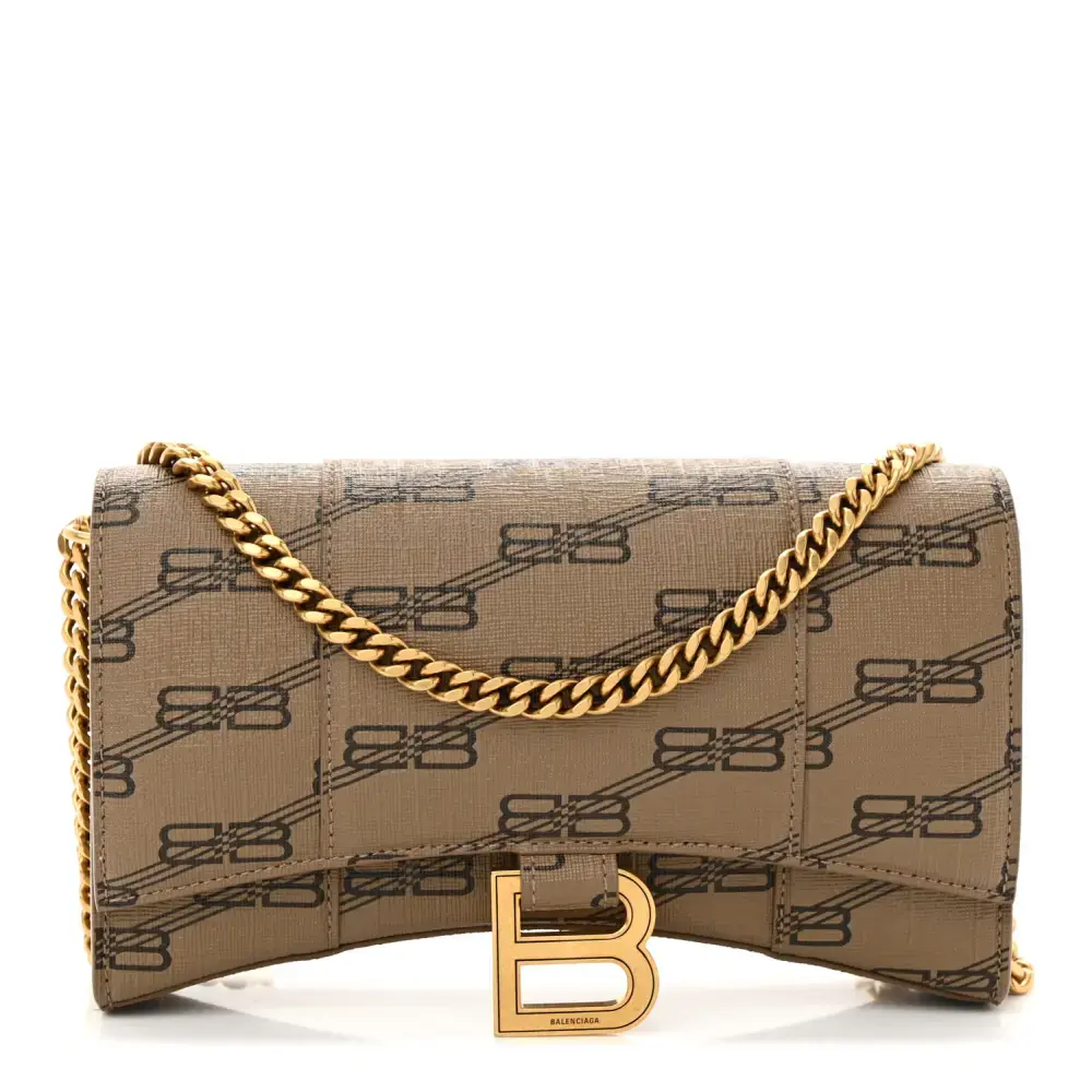 Balenciaga BeigeBrown Coated Canvas BB Monogram Hourglass Chain Bag Gold Hardware Front replica handbags
