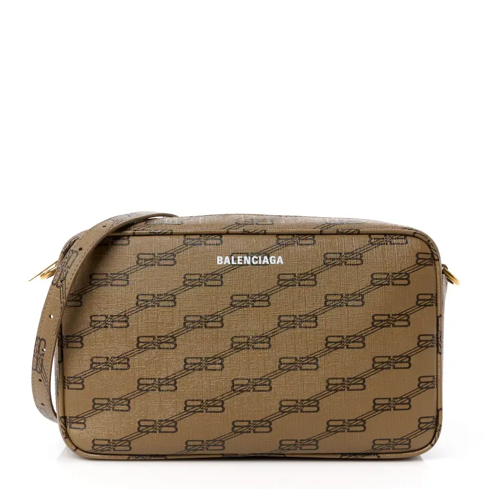 Balenciaga BeigeBrown Coated Canvas BB Monogram Medium Signature Camera Bag Front replica handbags