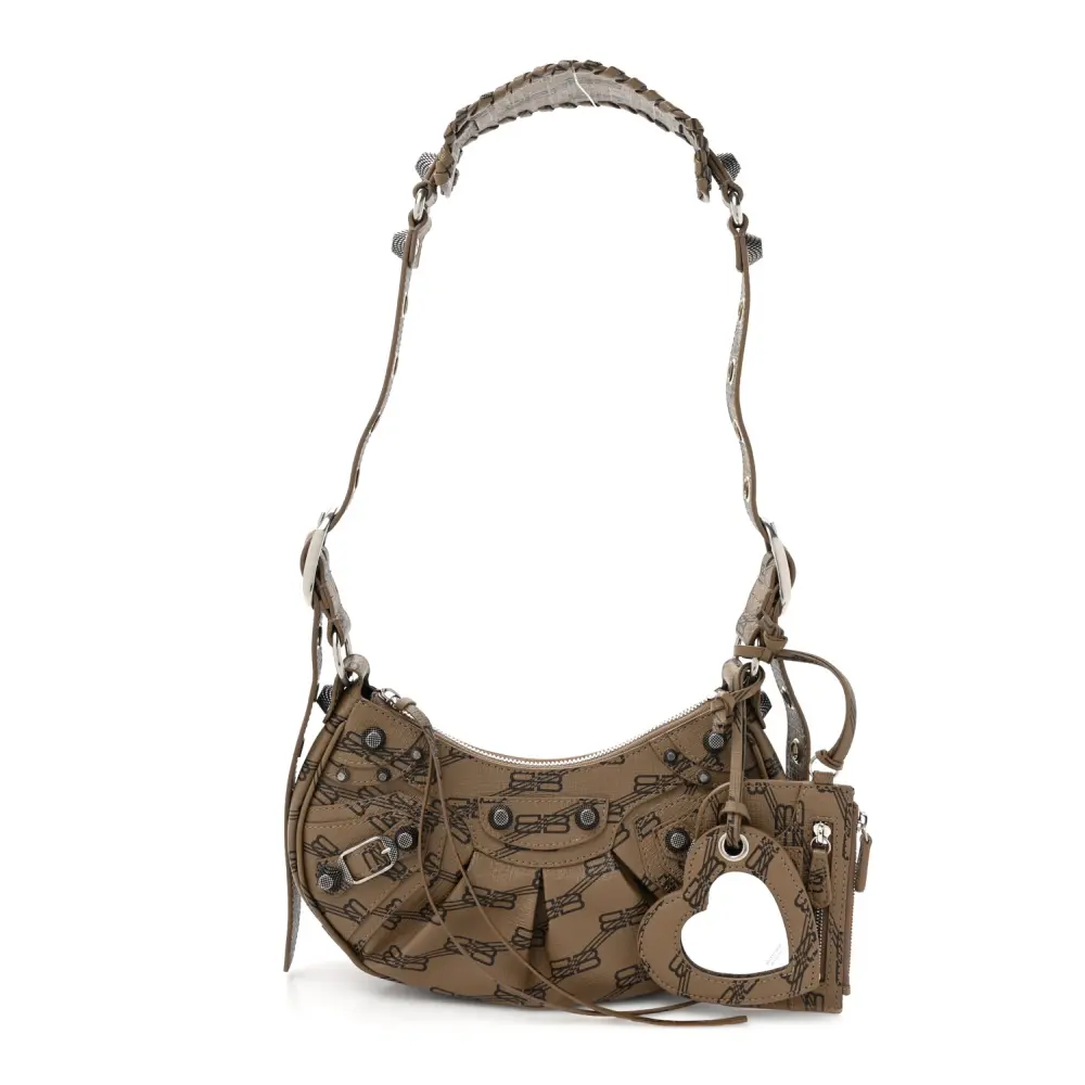 Balenciaga BeigeBrown Coated Canvas BB Monogram XS Le Cagole Shoulder Bag Silver Hardware Front replica handbags