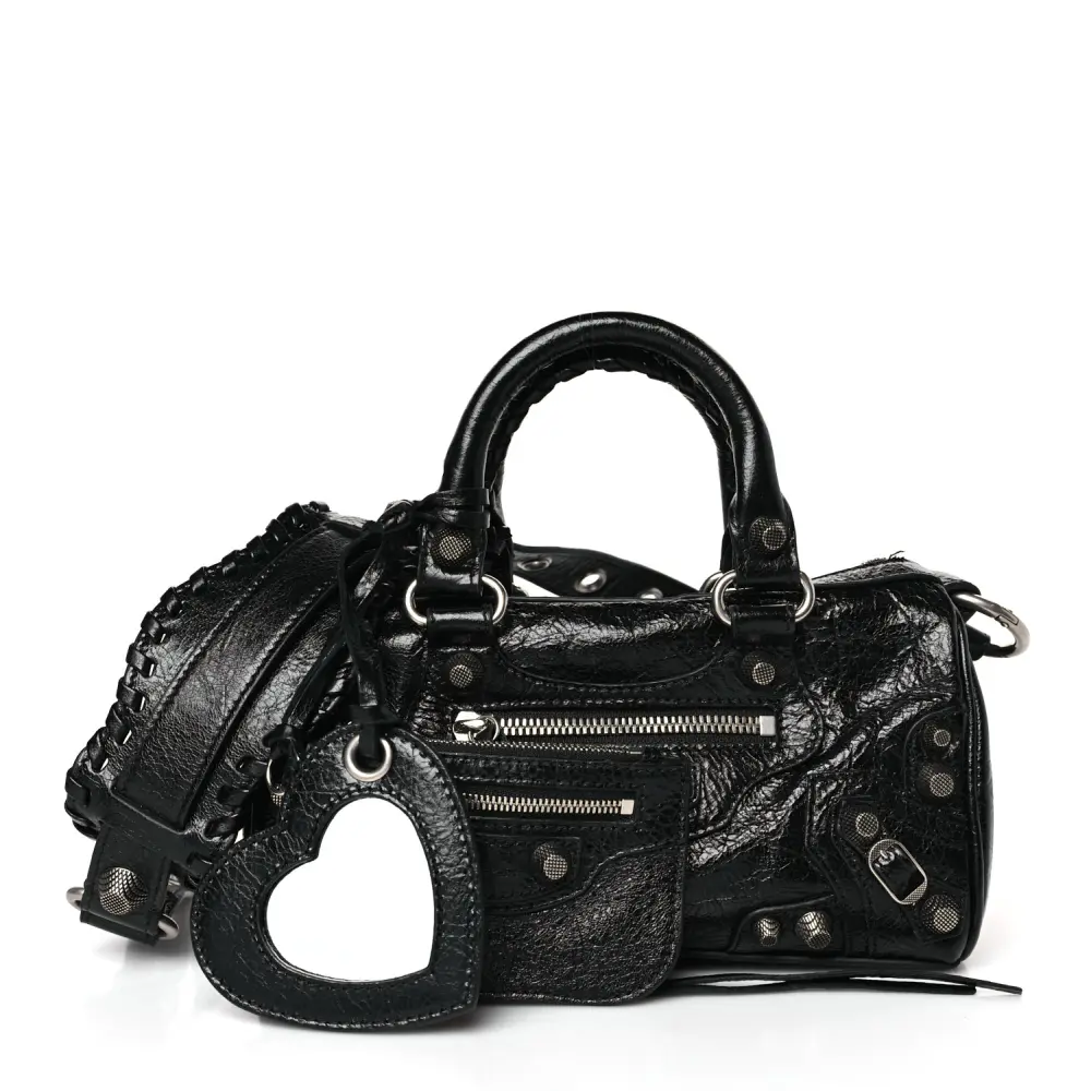 Balenciaga Black Agneau Arena Leather Mini Le Cagole Duffle Crossbody Bag Silver Hardware Front replica handbags