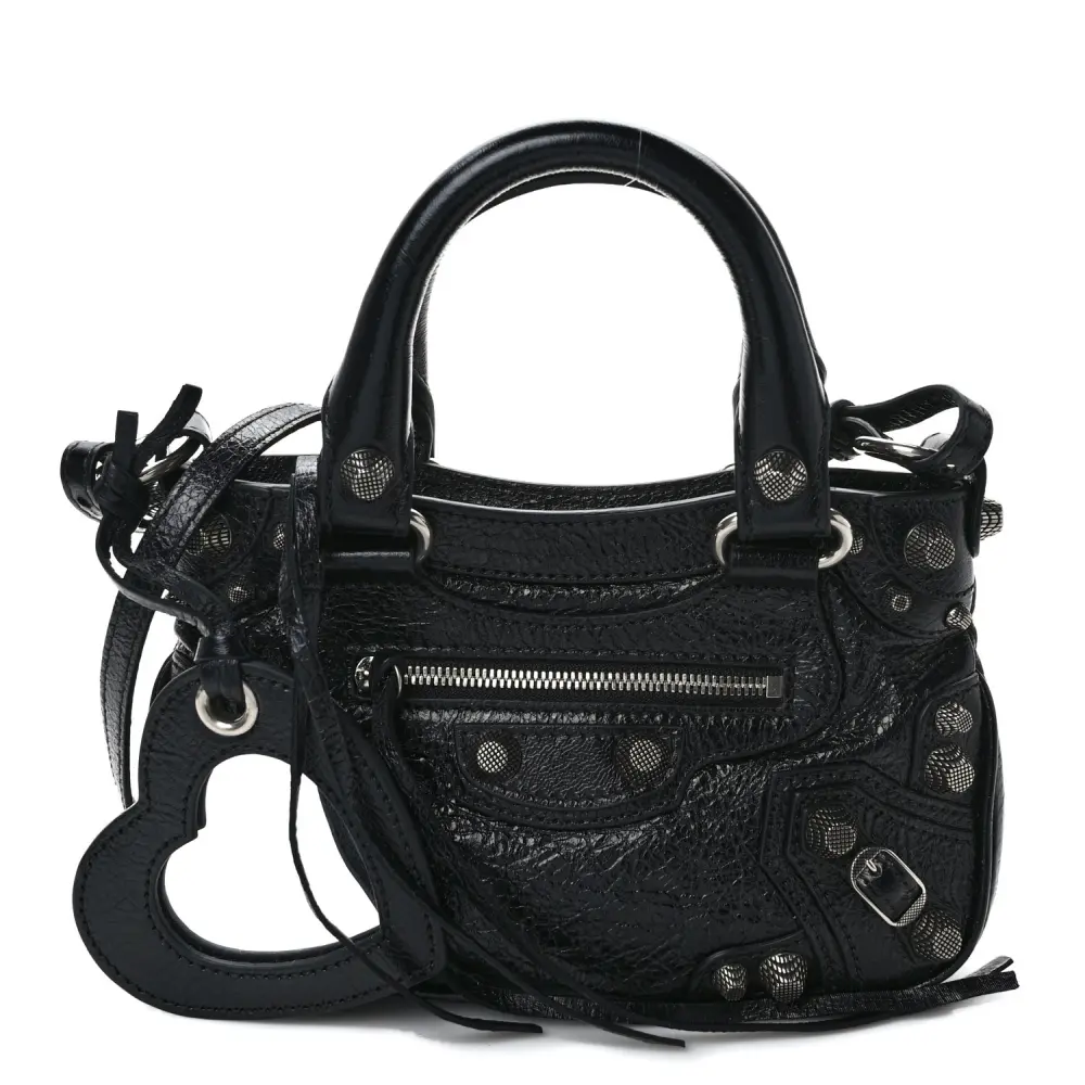 Balenciaga Black Agneau Arena Leather Mini Neo Cagole Handbag Silver Hardware Front replica handbags