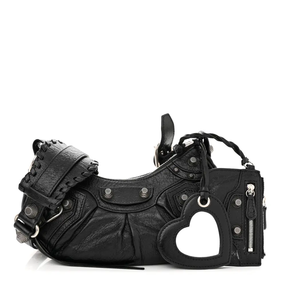 Balenciaga Black Agneau Arena Leather XS Le Cagole Shoulder Bag Silver Hardware Front replica handbags