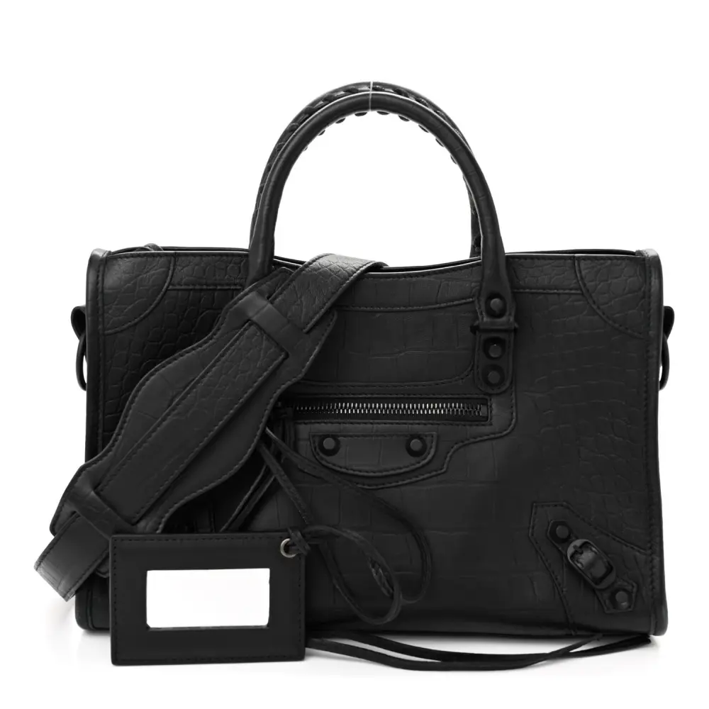 Balenciaga Black Crocodile Embossed Matte Supple Lambskin Leather S City Classic Incognito Hardware Front replica handbags