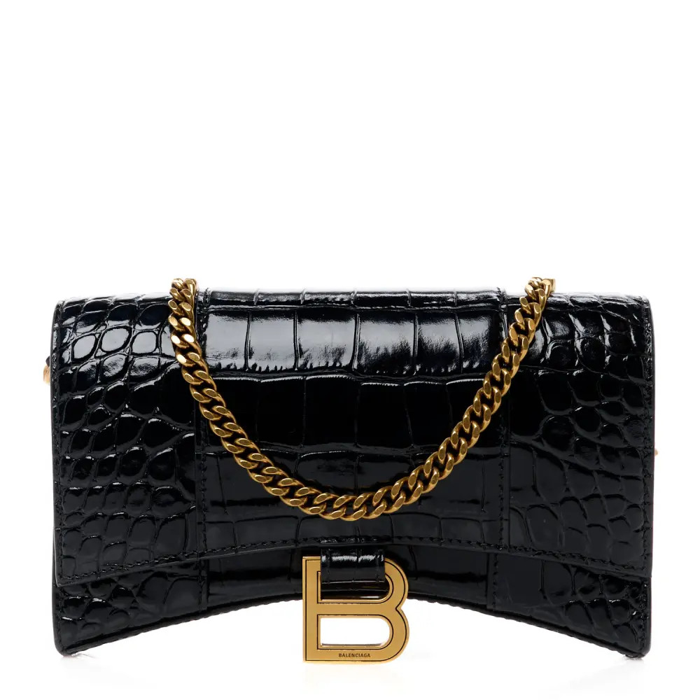 Balenciaga Black Crocodile Embossed Shiny Calfskin Leather XS Hourglass Chain Bag Gold Hardware Front(1) replica handbags