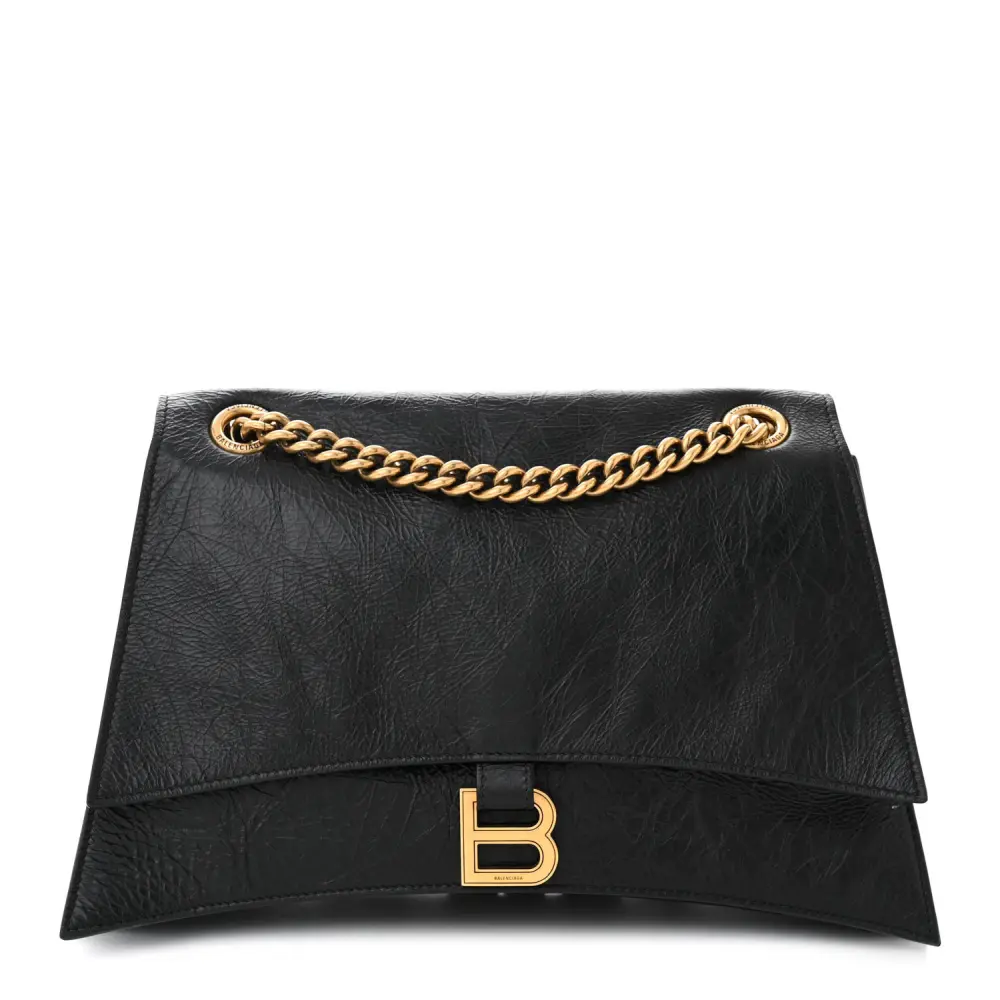 Balenciaga Black Crushed Calfskin Leather Medium Crush Chain Bag Gold Hardware Front replica handbags