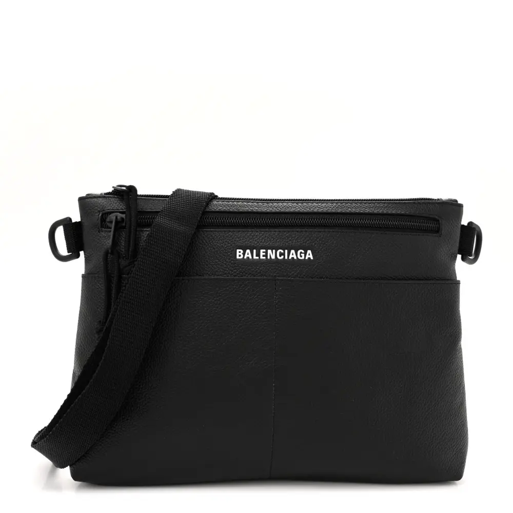 Balenciaga Black Grained Calfskin Leather Small Explorer Crossbody Flat Pouch Black Hardware Front replica handbags