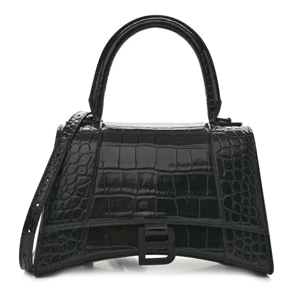 Balenciaga Black Monochrome Crocodile Embossed Shiny Calfskin Leather Small Hourglass Top Handle Bag Black Hardware Front replica handbags