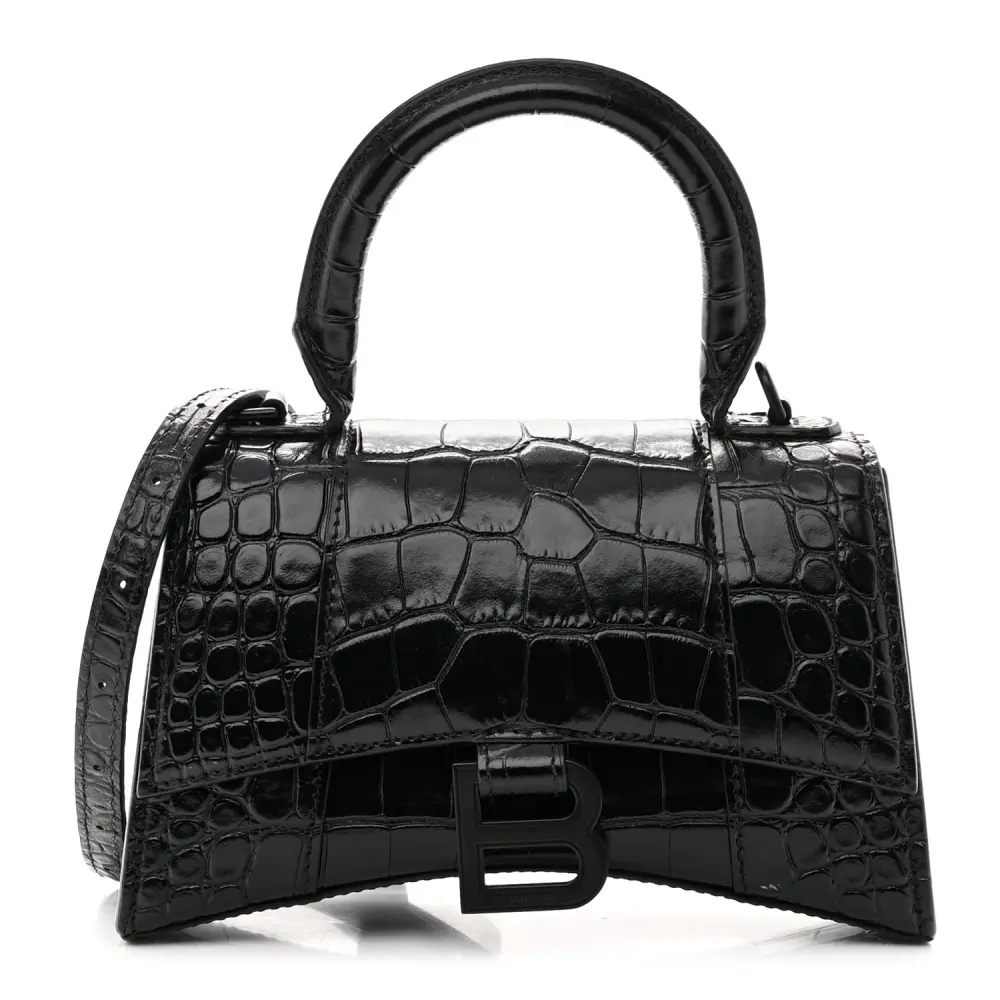 Balenciaga Black Monochrome Crocodile Embossed Shiny Calfskin Leather XS Hourglass Top Handle Bag Black Hardware Front replica handbags