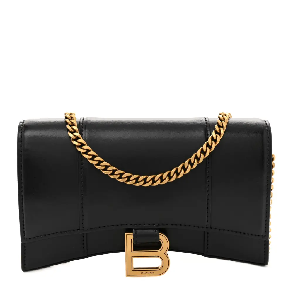Balenciaga Black Shiny Box Calfskin Leather XS Hourglass Chain Bag Gold Hardware Front replica handbags