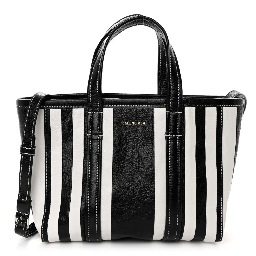 Balenciaga BlackWhite Agneau Arena Leather Striped Patchwork Small Barbes East-West Shopper Front replica handbags