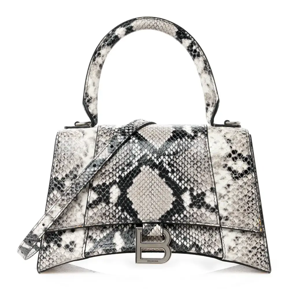 Balenciaga BlackWhite Calfskin Leather Snake Effect Small Hourglass Top Handle Bag Front replica handbags