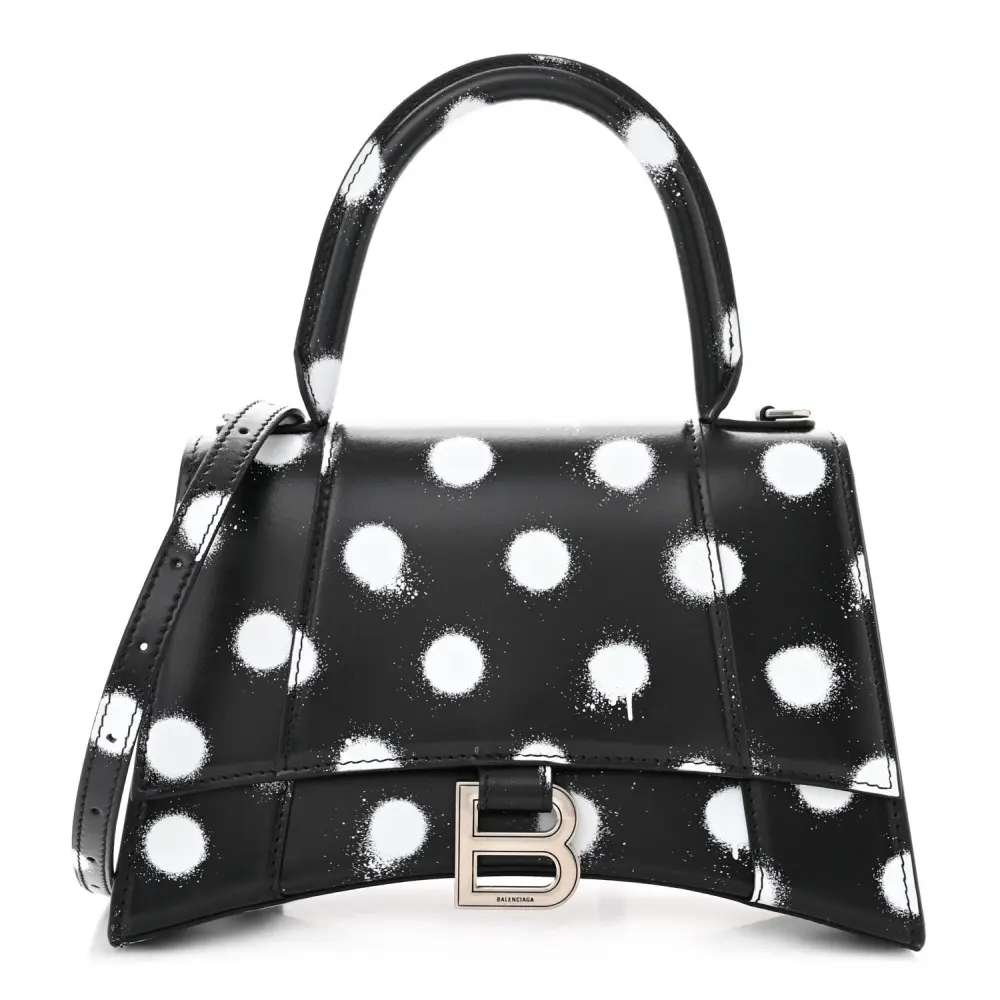 Balenciaga BlackWhite Smooth Calfskin Leather Spray Polka Dot Small Hourglass Top Handle Bag Silver Hardware Front replica handbags