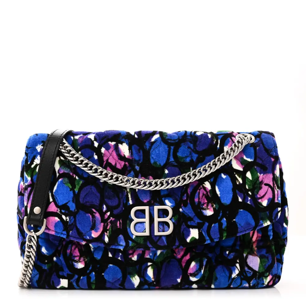 Balenciaga Bleu Quilted Velvet M Floral BB Round Shoulder Bag Silver Hardware Front replica handbags