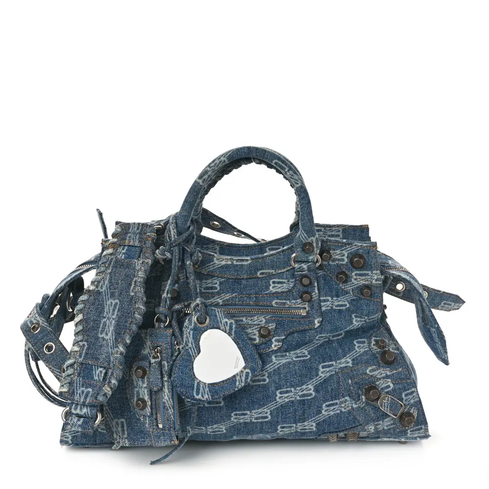 Balenciaga Blue Denim BB Monogram Neo Cagole City Handbag Silver Hardware Front replica handbags