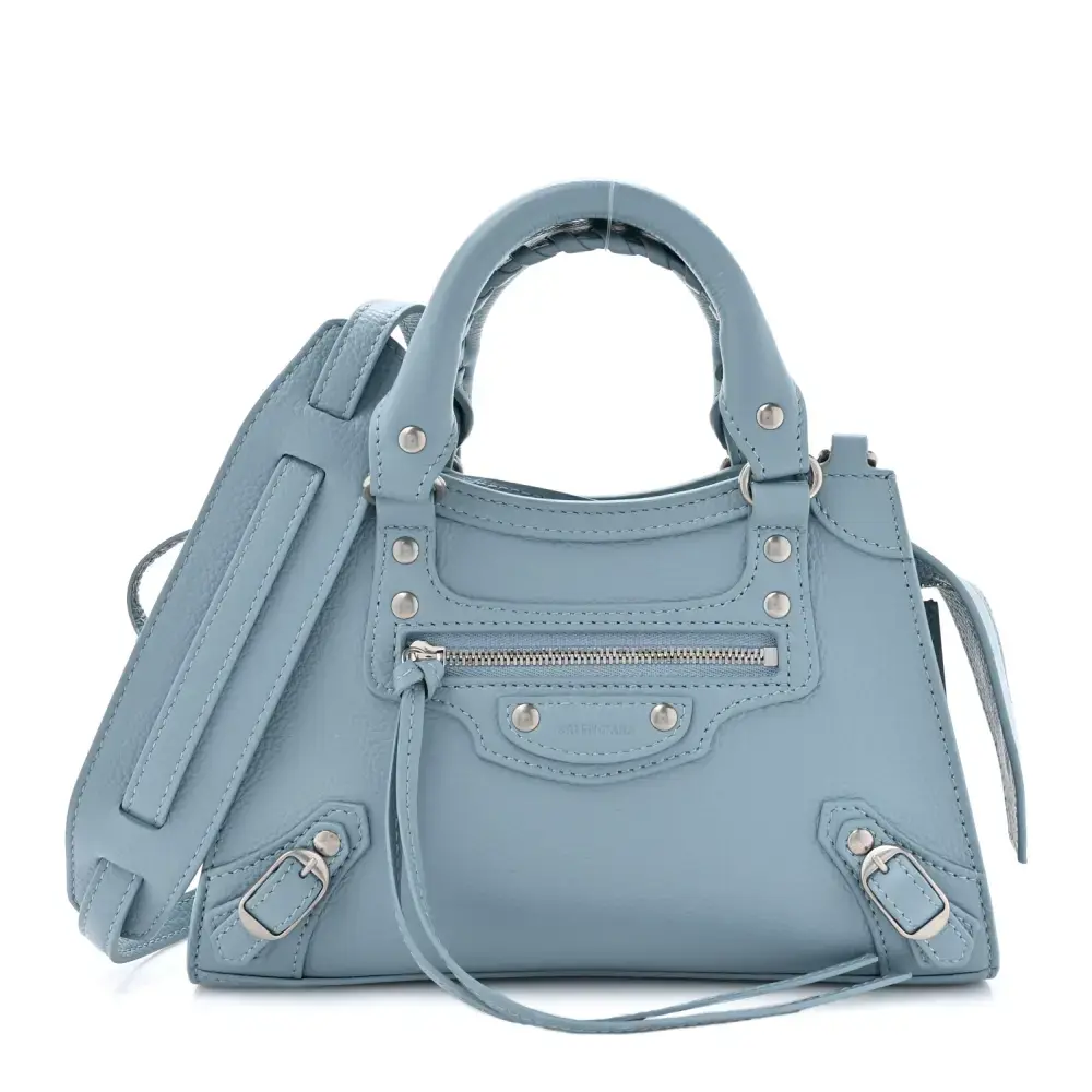 Balenciaga BlueGrey Grained Calfskin Leather Mini Neo Classic City Silver Hardware Front replica handbags