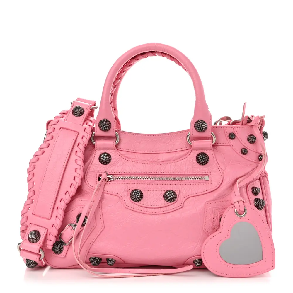 Balenciaga Candy Pink Agneau Arena Leather Mini Neo Cagole Shoulder Bag Silver Hardware Front replica handbags