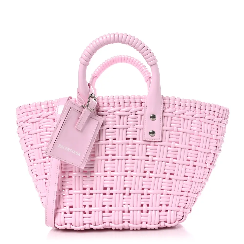 Balenciaga Candy Pink Faux Calfskin Leather Braided Varnished XS Bistro Basket Bag Silver Hardware Front replica handbags