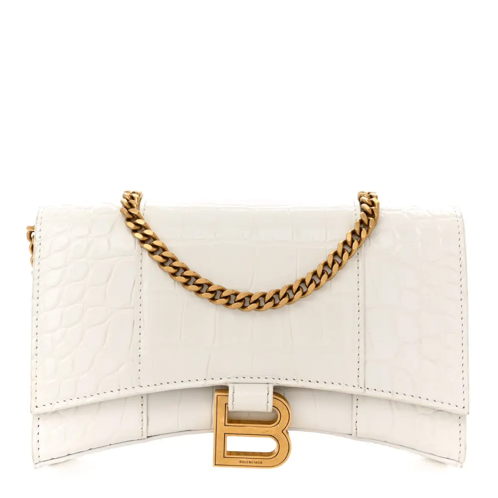 Balenciaga Cream Crocodile Embossed Shiny Calfskin Leather XS Hourglass Chain Bag Gold Hardware FrontBalenciaga Cream Crocodile Embossed Shiny Calfskin Leather XS Hourglass Chain Bag Gold Hardware Front