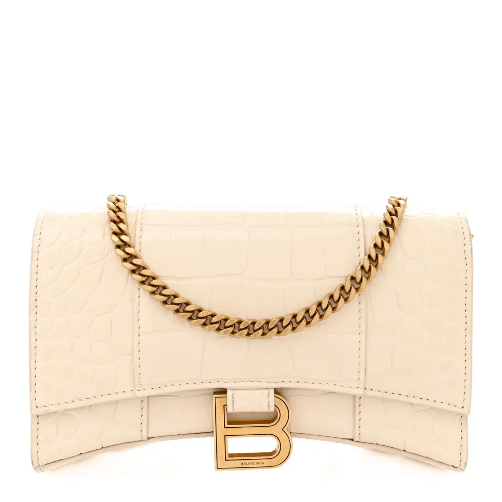 Balenciaga Cream Crocodile Embossed Shiny Calfskin Leather XS Hourglass Chain Bag Gold Hardware Front(1) replica handbags
