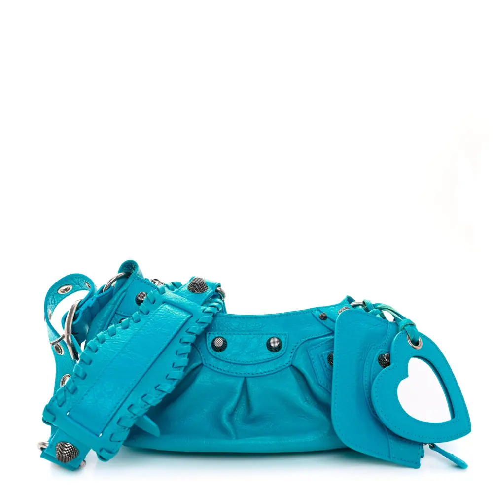Balenciaga Cyan Agneau Arena Leather XS Le Cagole Shoulder Bag Silver Hardware Front replica handbags