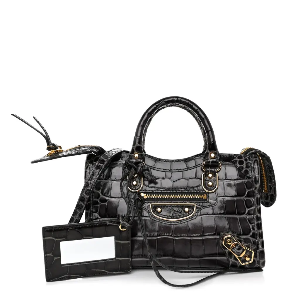 Balenciaga Dark Grey Crocodile Embossed Calfskin Leather Nano City Bag Gold Hardware Front replica handbags