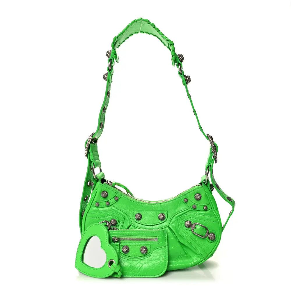 Balenciaga Fluo Green Agneau Arena Leather Crystal XS Le Cagole Shoulder Bag Silver Hardware Front replica handbags