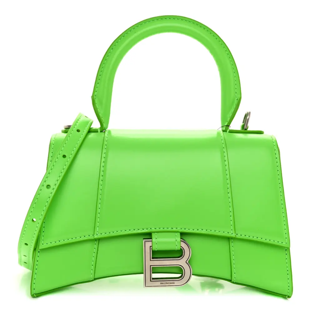 Balenciaga Fluo Green Shiny Box Calfskin Leather XS Hourglass Top Handle Bag Silver Hardware Front replica handbags