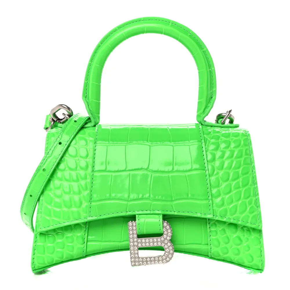 Balenciaga Fluo Green Strass Crocodile Embossed Shiny Calfskin Leather XS Hourglass Top Handle Bag Silver Hardware Front replica handbags