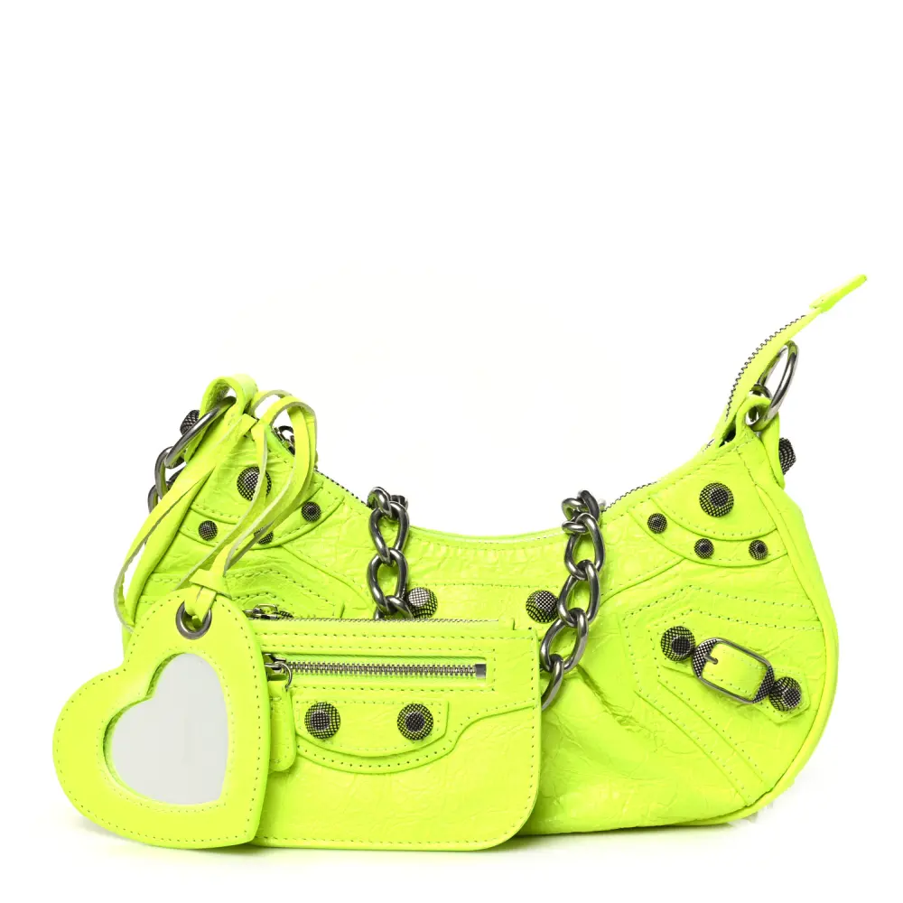 Balenciaga Fluo Yellow Agneau Arena Leather XS Le Cagole Chain Shoulder Bag Silver Hardware Front replica handbags