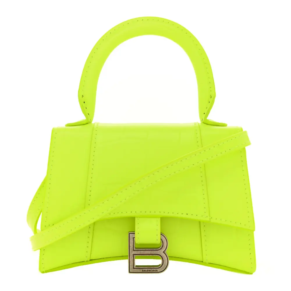 Balenciaga Fluo Yellow Crocodile Embossed Semi-Shiny Calfskin Leather Mini Hourglass Top Handle Bag Silver Hardware Front replica handbags