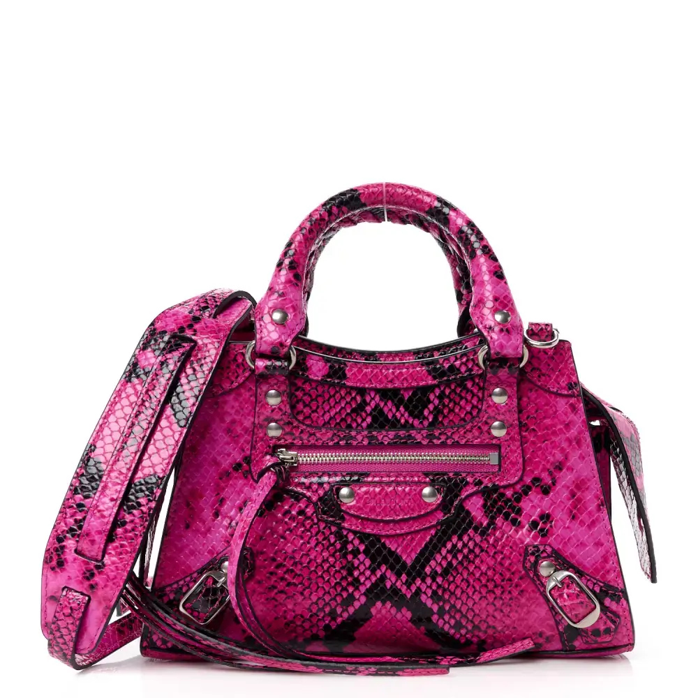 Balenciaga FuchsiaBlack Calfskin Leather Python Effect Mini Neo Classic City Silver Hardware Front replica handbags
