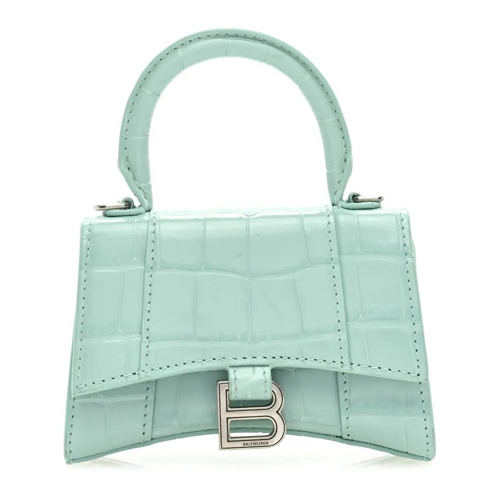 Balenciaga Green Acqua Crocodile Embossed Shiny Calfskin Leather Hourglass Mini Top Handle Bag With Chain Front replica handbags