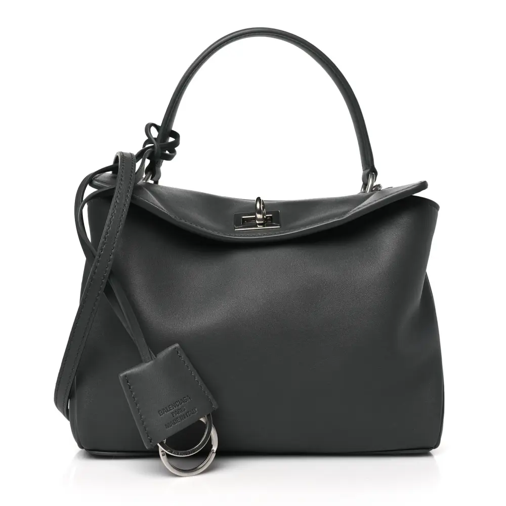 Balenciaga Grey Natural Smooth Calfskin Leather Mini Rodeo Top Handle Handbag Silver Hardware Front replica handbags
