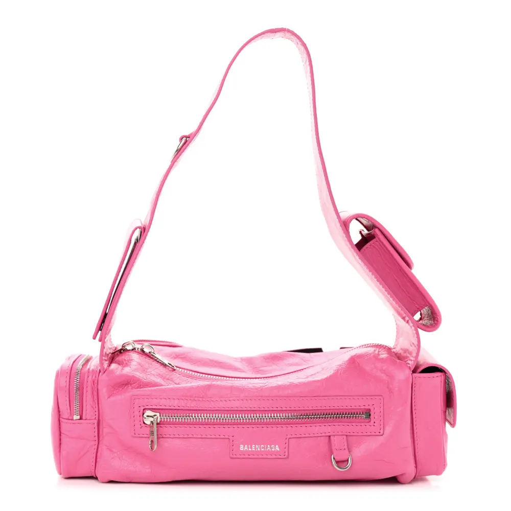 Balenciaga Hot Pink Agneau Arena Leather Superbusy XS Sling Zip Shoulder Bag Silver Hardware Front replica handbags