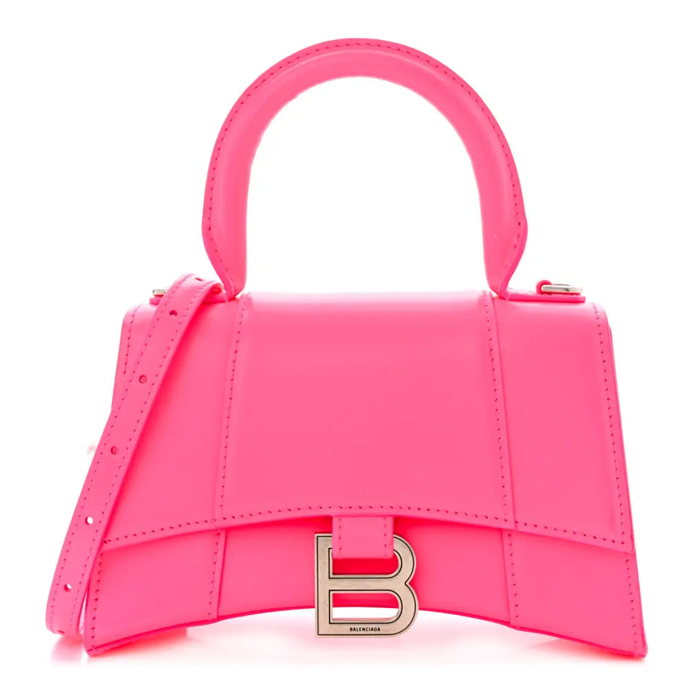 Balenciaga Hot Pink Shiny Box Calfskin Leather XS Hourglass Top Handle Bag Silver Hardware Front replica handbags