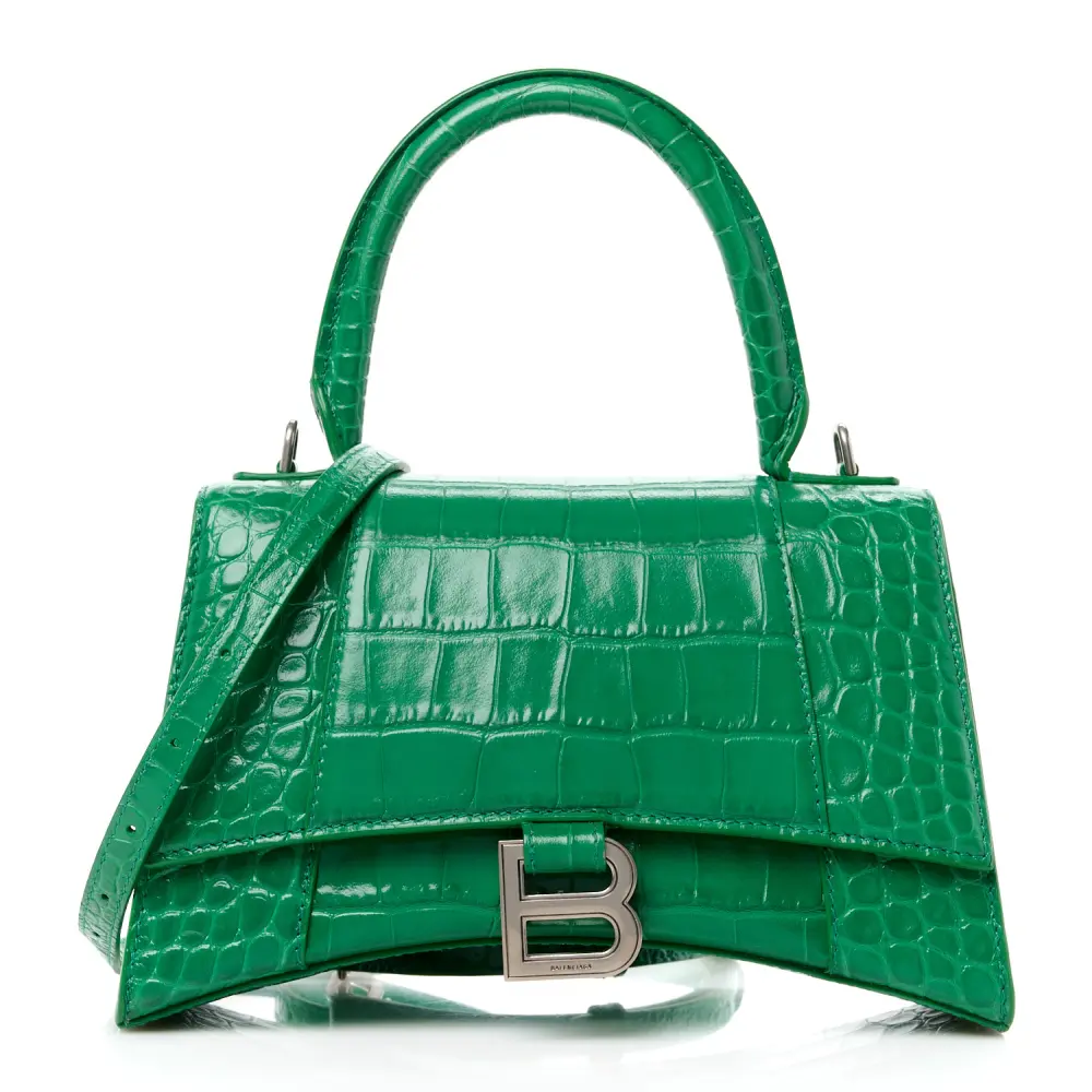 Balenciaga Leaf Green Crocodile Embossed Shiny Calfskin Leather Small Hourglass Top Handle Bag Silver Hardware Front replica handbags