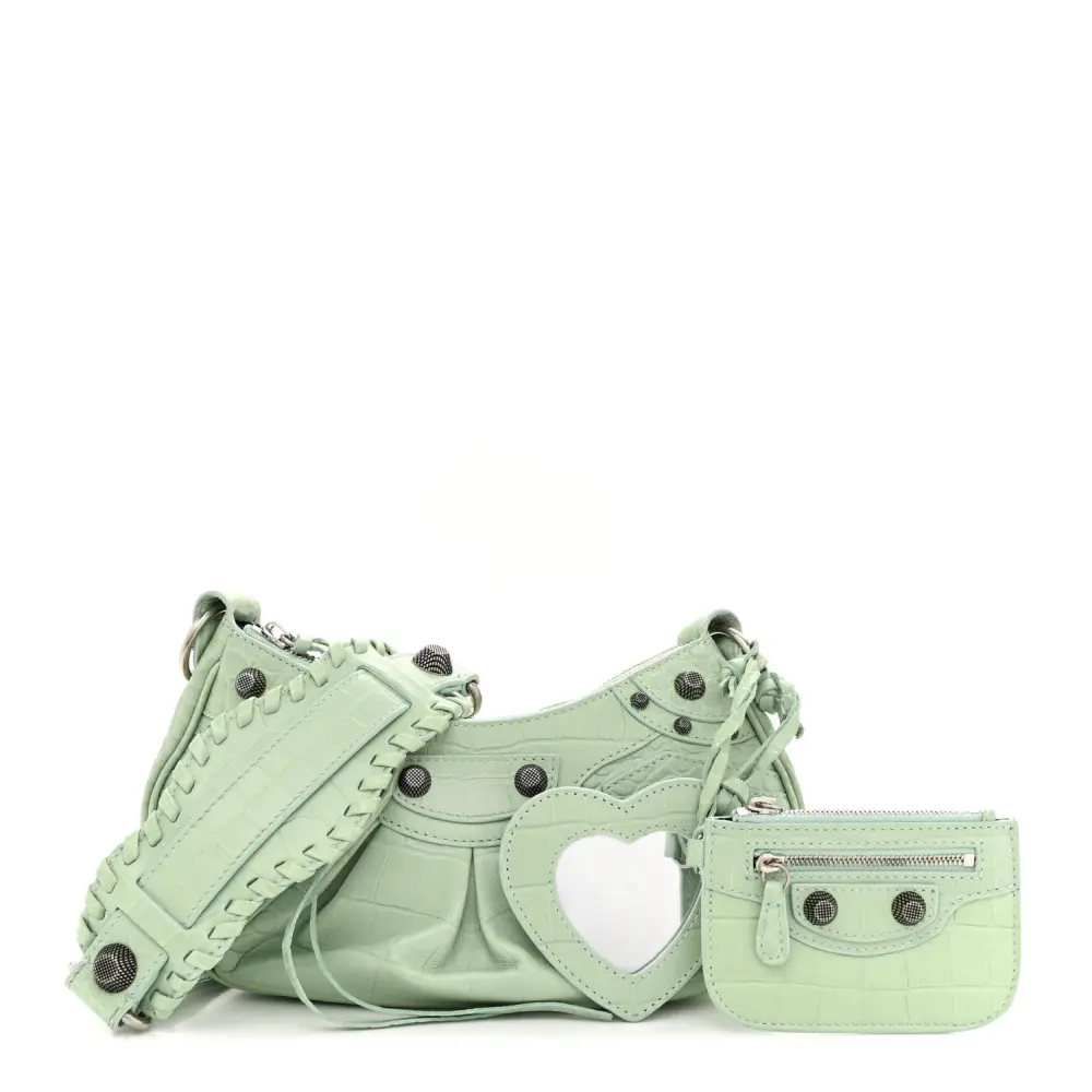 Balenciaga Light Green Crocodile Embossed Extra Supple Calfskin Leather XS Le Cagole Shoulder Bag Black Hardware Front replica handbags