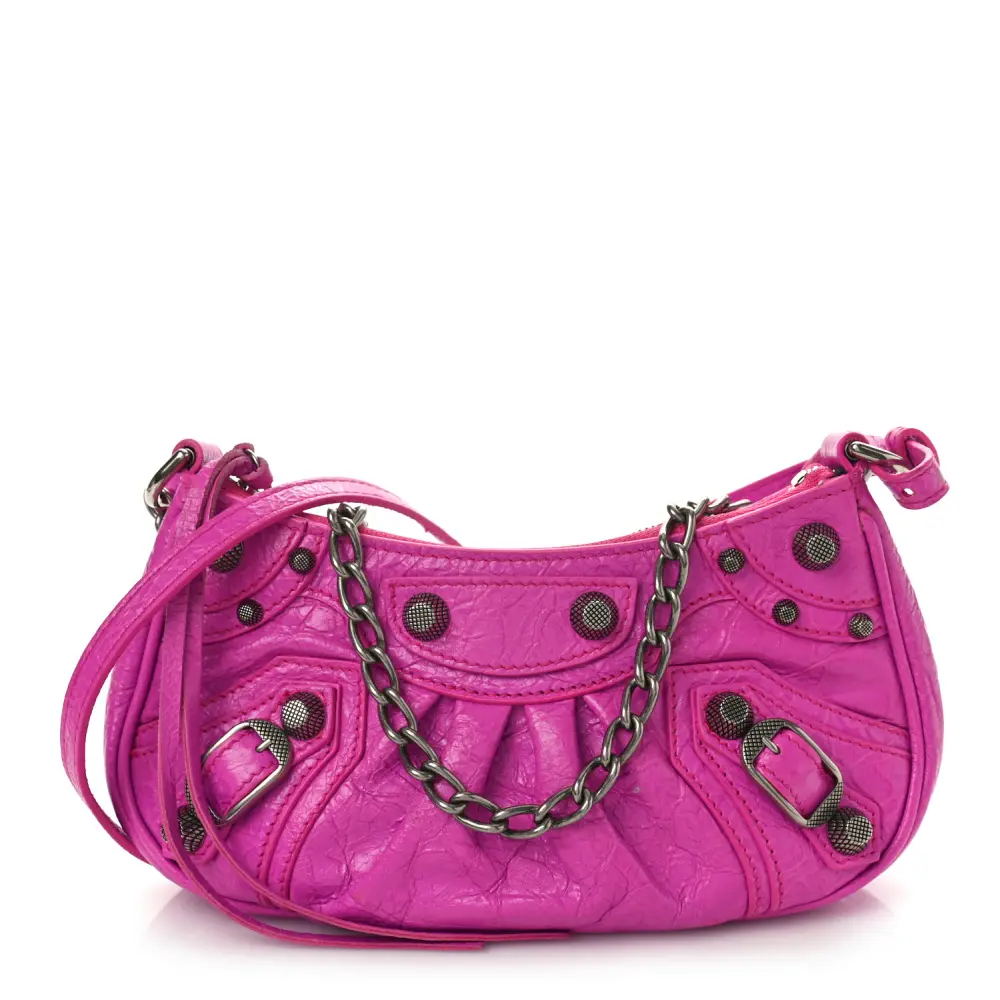 Balenciaga Lipstick Pink Agneau Arena Leather Le Cagole Mini Purse with Chain Silver Hardware Front replica handbags