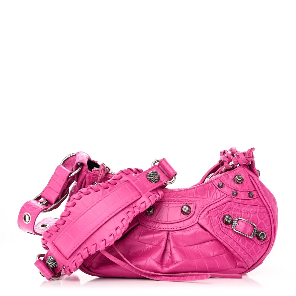 Balenciaga Lipstick Pink Crocodile Extra Embossed Supple Calfskin Leather XS Le Cagole Shoulder Bag Silver Hardware Front replica handbags