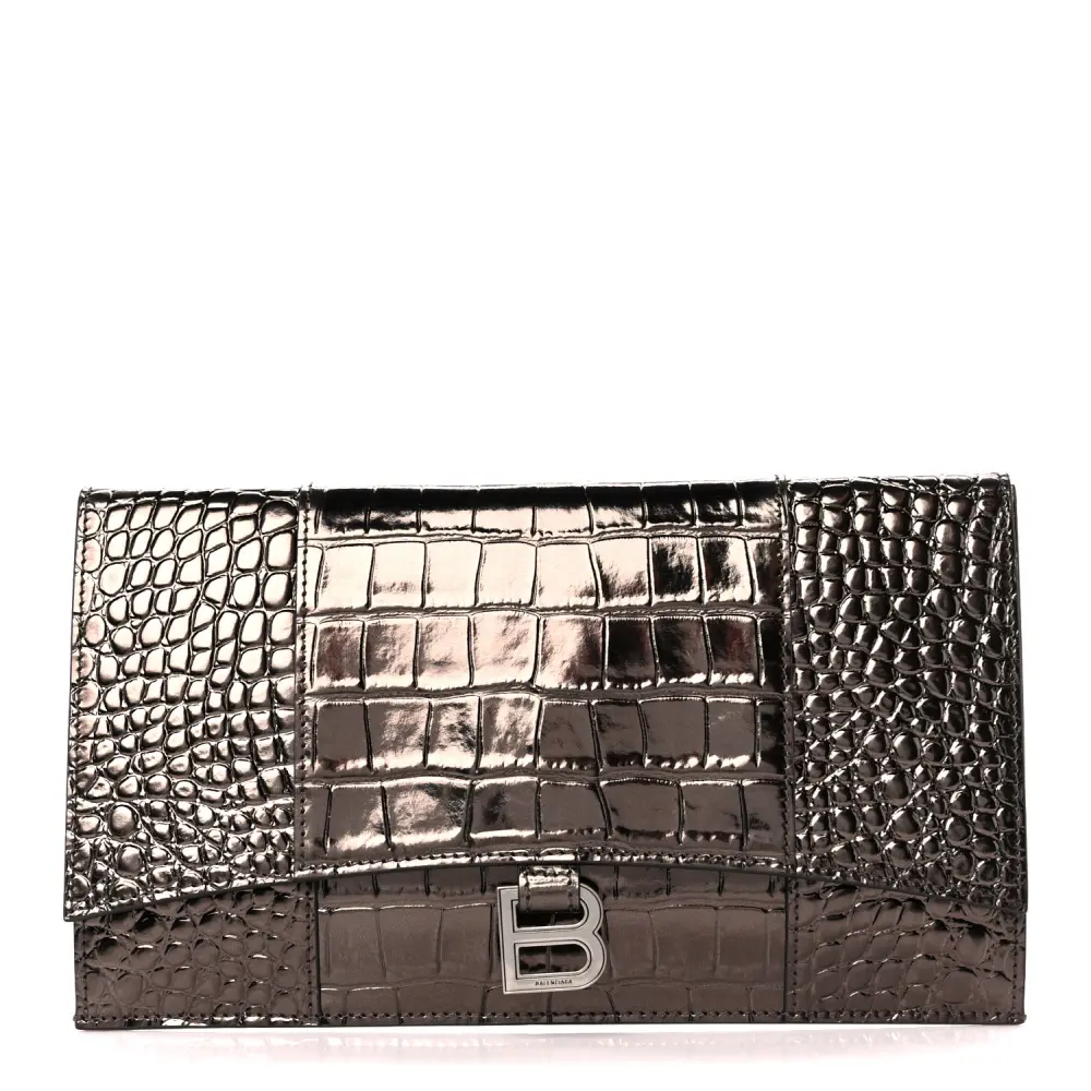 Balenciaga Metallic Dark Bronze Crocodile Embossed Shiny Calfskin Leather Medium Hourglass Flap Flat Pouch Silver Hardware Front replica handbags