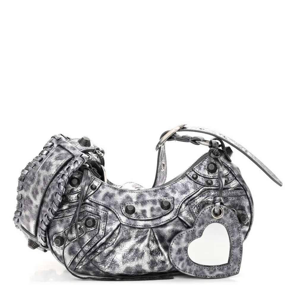Balenciaga Metallic Dark Grey Agneau Arena & Leopard Leather XS Le Cagole Shoulder Bag Silver Hardware Front replica handbags