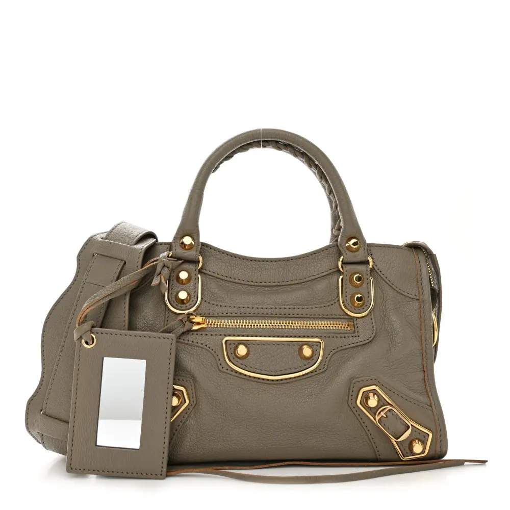 Balenciaga Metallic Gris Taupe Chevre Leather Mini City Bag Edge Gold Hardware Front replica handbags