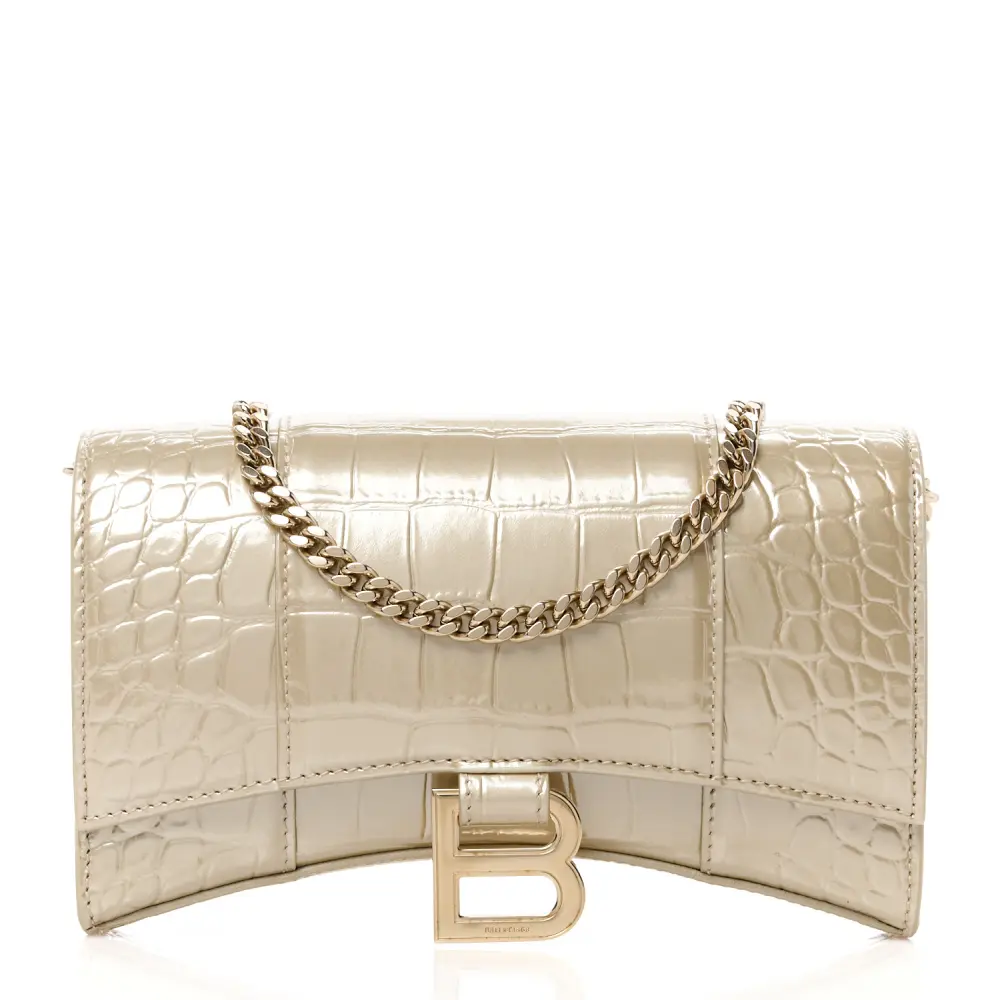 Balenciaga Metallic Light Gold Crocodile Embossed Calfskin Leather XS Hourglass Chain Bag Gold Hardware Front replica handbags