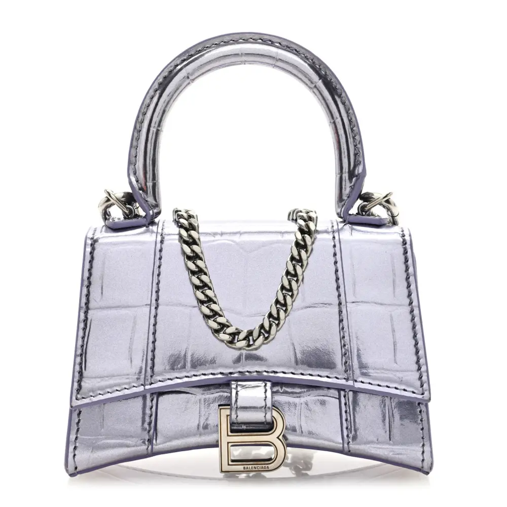 Balenciaga Metallic Lilac Crocodile Embossed Calfskin Leather Mini Hourglass Top Handle Bag with Chain Front replica handbags