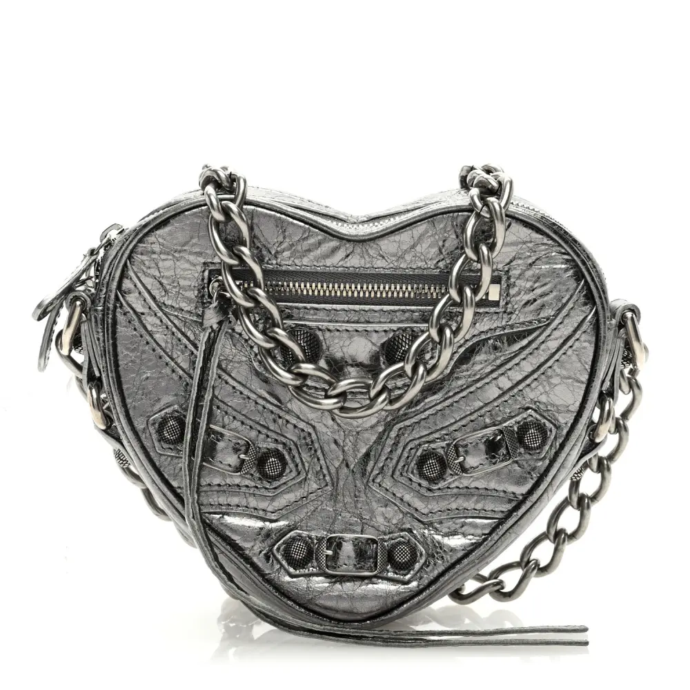Balenciaga Metallic Silver Agneau Arena Leather Mini Le Cagole Heart Bag Silver Hardware Front replica handbags
