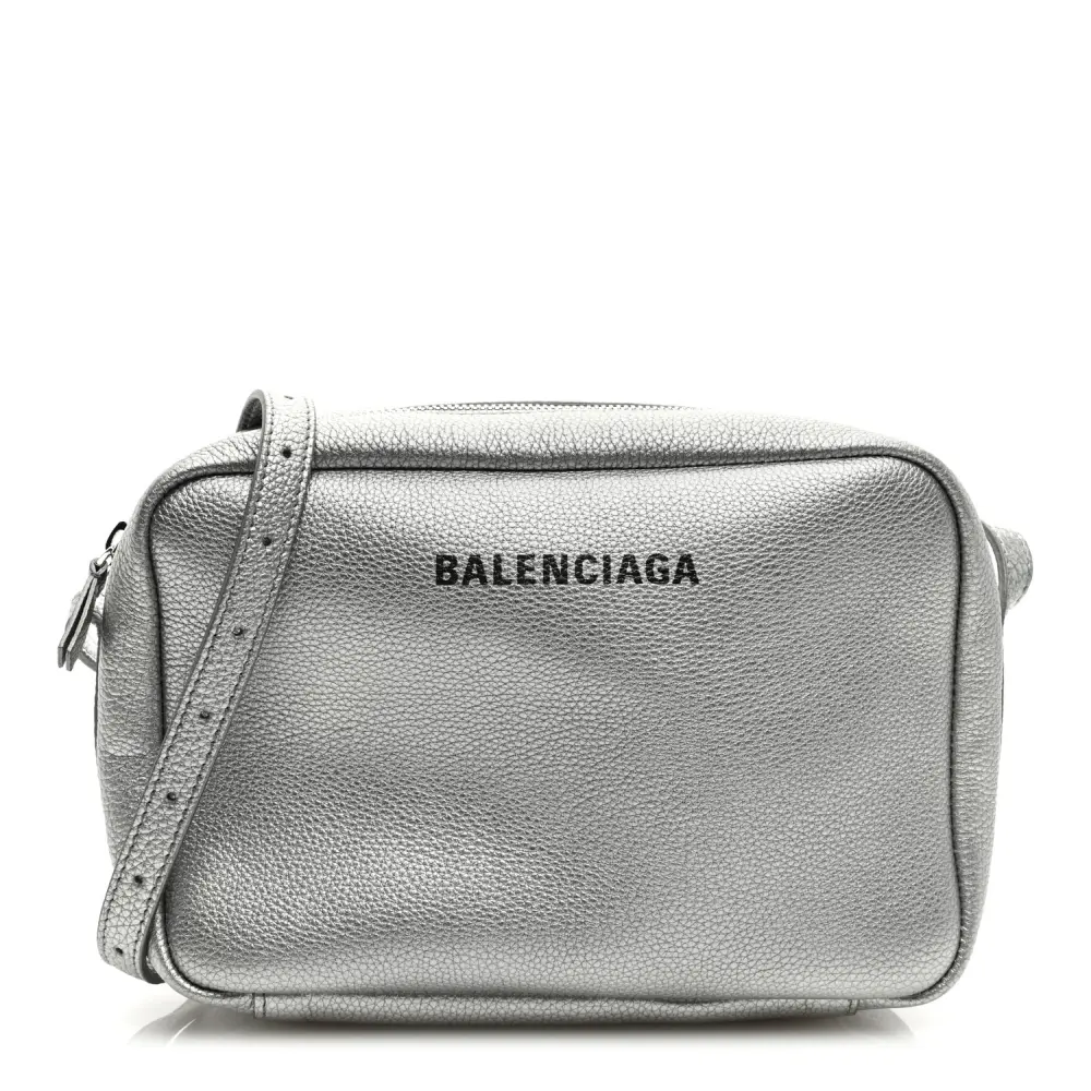 Balenciaga Metallic Silver Grained Calfskin Leather Logo M Everyday Camera Bag Front replica handbags