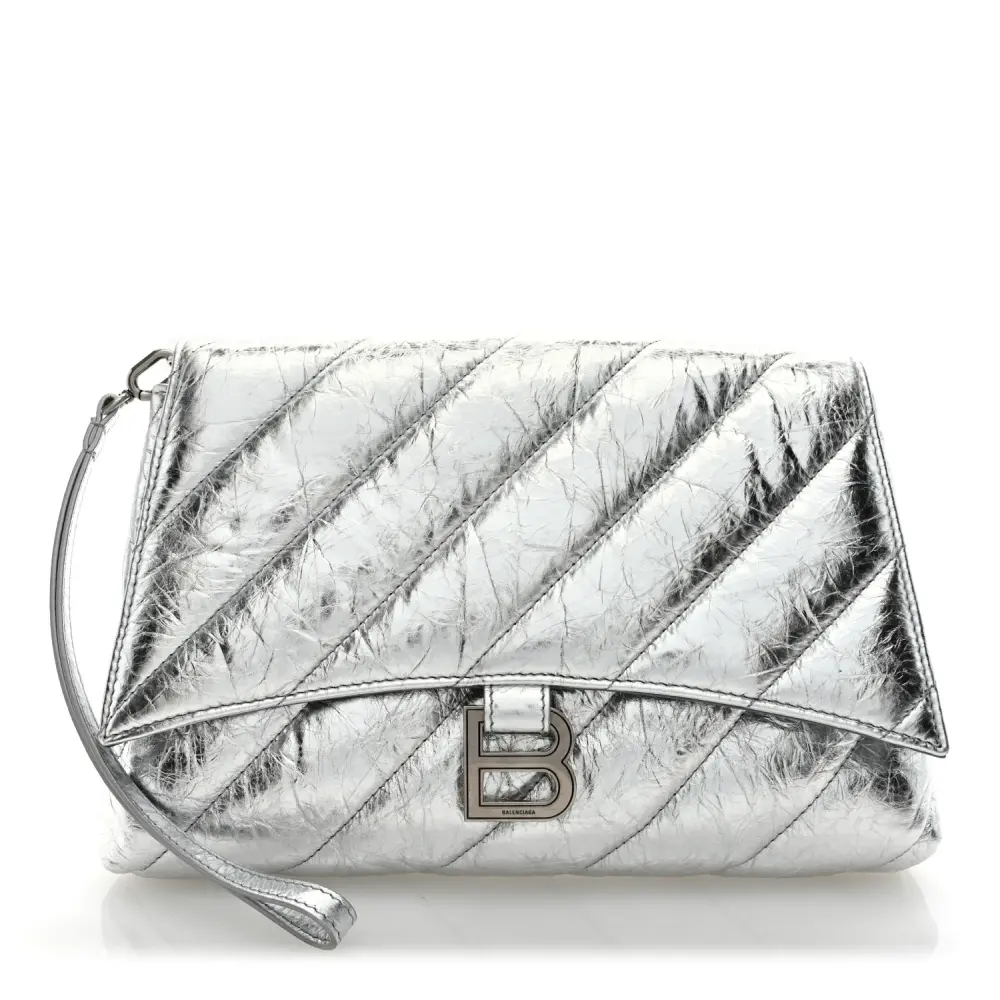 Balenciaga Metallic Silver Quilted Calfskin Leather Medium Crush Pochette Clutch Silver Hardware Front replica handbags