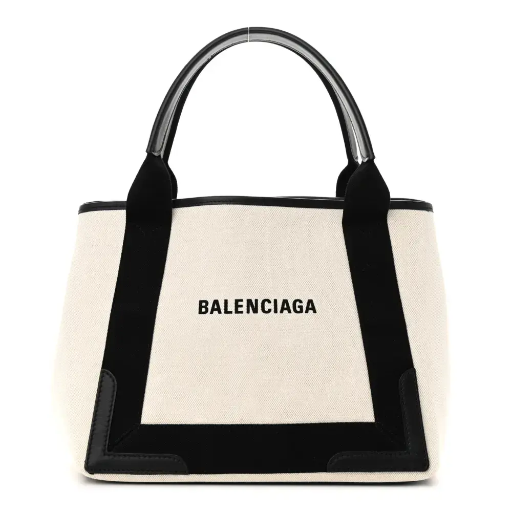 Balenciaga NaturalBlack Cotton Canvas & Satin Calfskin Leather Small Navy Cabas FrontBalenciaga NaturalBlack Cotton Canvas & Satin Calfskin Leather Small Navy Cabas Front