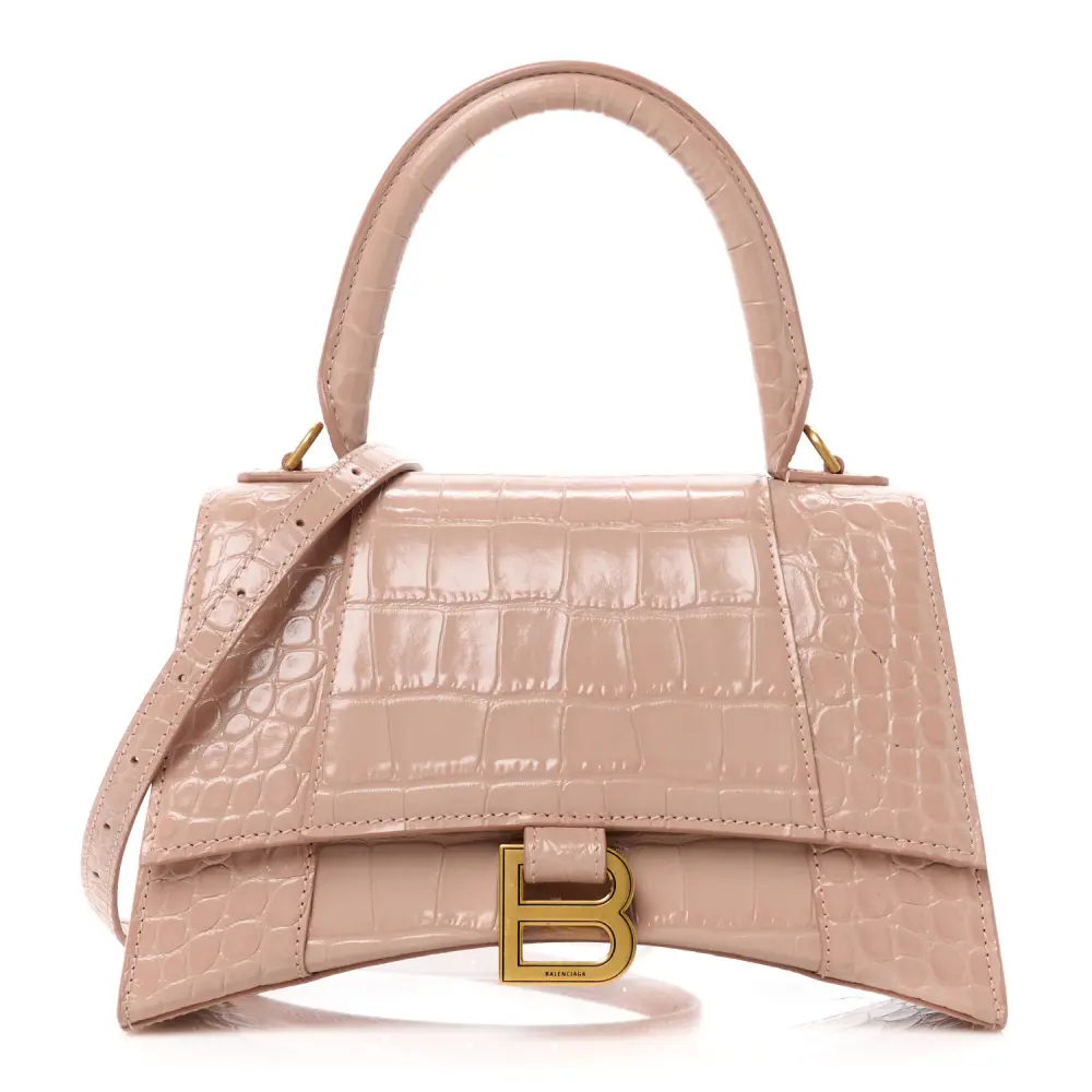 Balenciaga Nude Beige Crocodile Embossed Shiny Calfskin Leather Small Hourglass Top Handle Bag Gold Hardware Front replica handbags